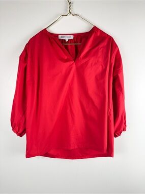 BROOKE WRIGHT Sz L Popover Poplin Top S V-Neck Red 3/4 Sleeve Blouse Preppy